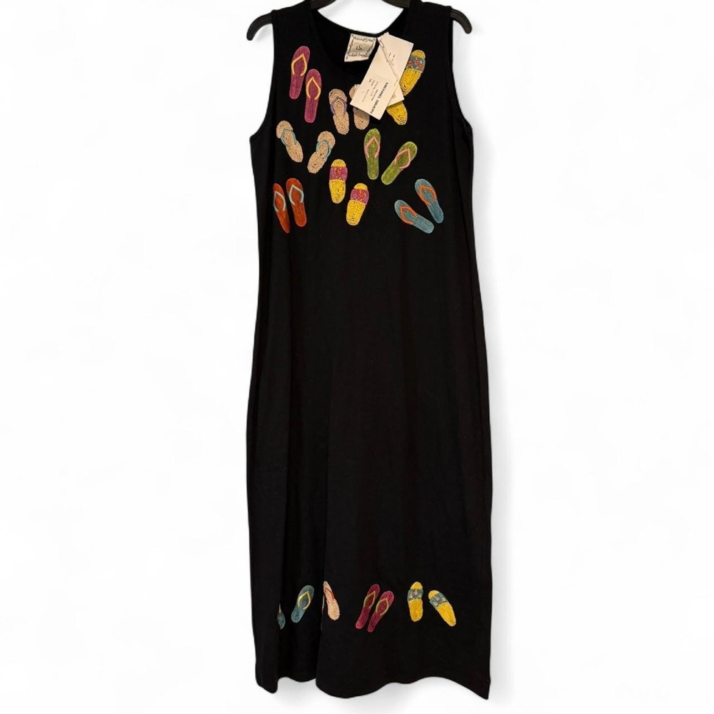 Michael Simon Black Maxi Dress with Colorful Flip-Flop Embroidery